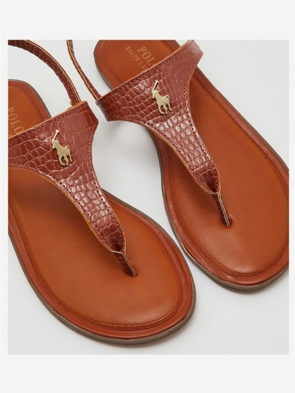 NEW Polo Ralph Lauren Tierney IV Juniors Flat Pony Croc Embossed Tan Sandals 6